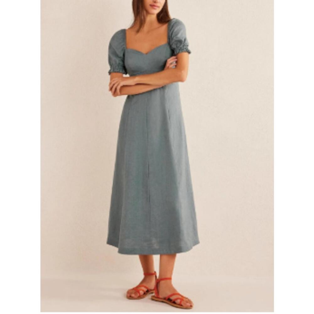 Boden Dusty Blue Linen Midi Dress with Puff Sleeves Sweetheart Neckline - Size 8